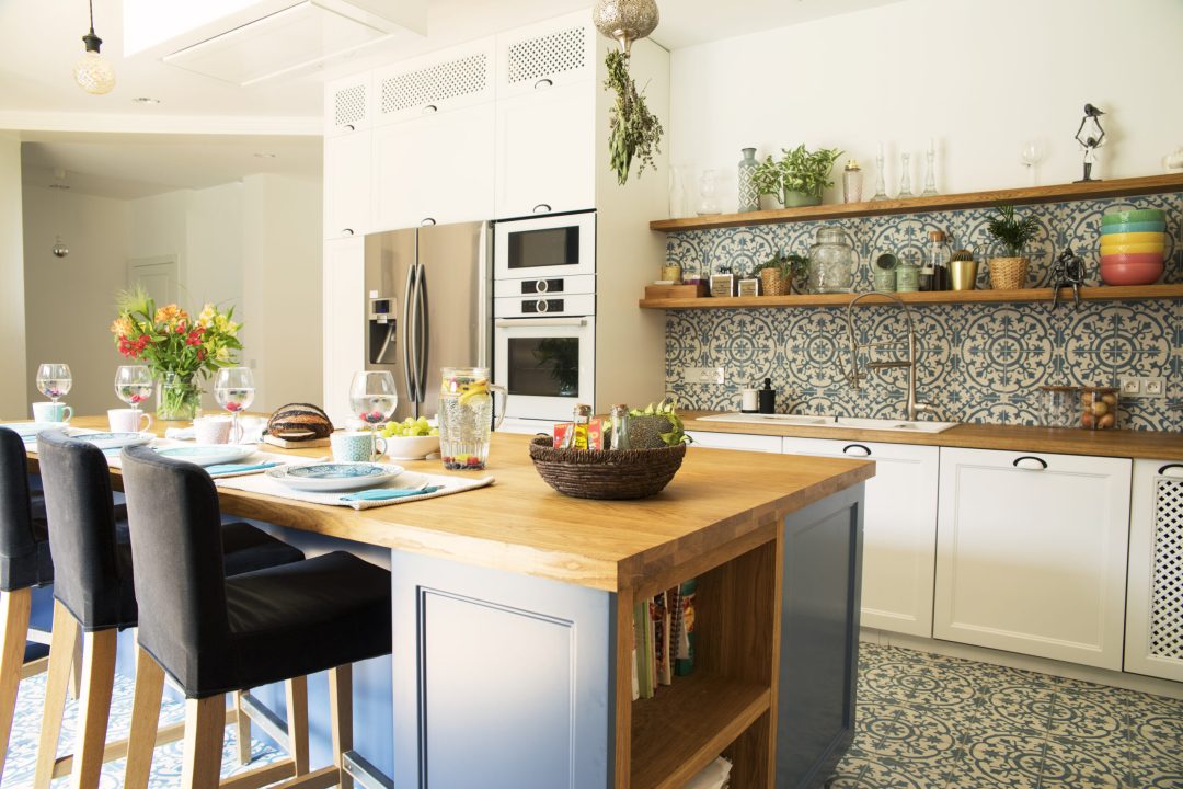 Modern composition of breakfast table in mediterranean's kitchen.